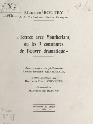 cover image of Lettres avec Montherlant, ou les 3 constantes de l'œuvre dramatique